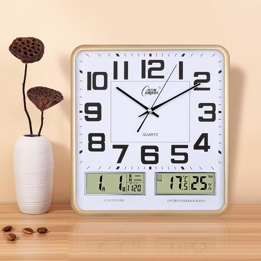 康巴丝(Compas)挂钟16英寸万年历温湿度钟表创意客厅静音时钟简约挂表方形日历石英钟C2983闪金 商品图2