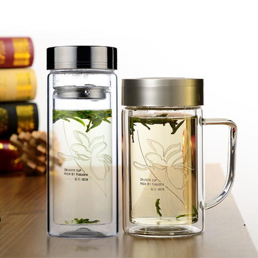 富光 320ML+320ML双层多用泡茶杯 耐热玻璃杯带把 便携办公水杯子（2只装） 商品图0