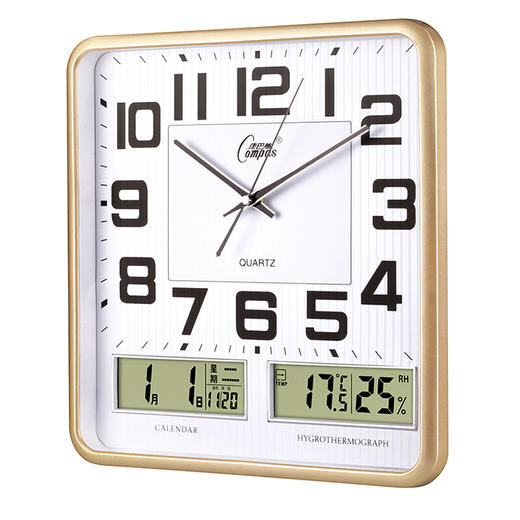 康巴丝(Compas)挂钟16英寸万年历温湿度钟表创意客厅静音时钟简约挂表方形日历石英钟C2983闪金 商品图5