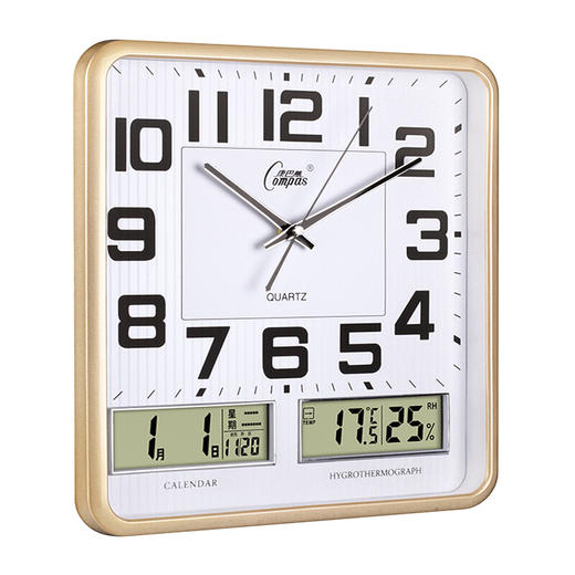 康巴丝(Compas)挂钟16英寸万年历温湿度钟表创意客厅静音时钟简约挂表方形日历石英钟C2983闪金 商品图4
