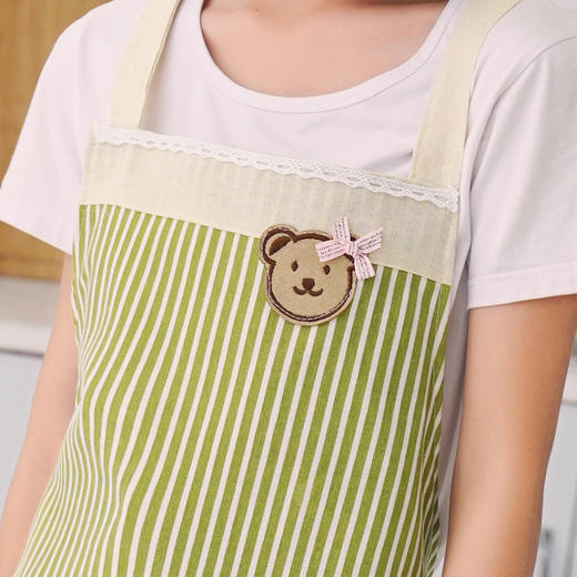 利得韩版时尚棉麻围裙 小熊双层防水围裙 条纹小清新绿 厨房可爱做饭烘焙 商品图4