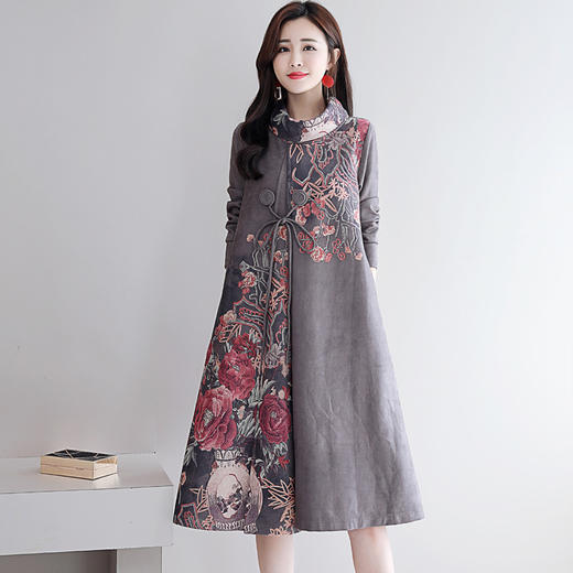HT-917新款灰色复古印花高领连衣裙 XCX 商品图2