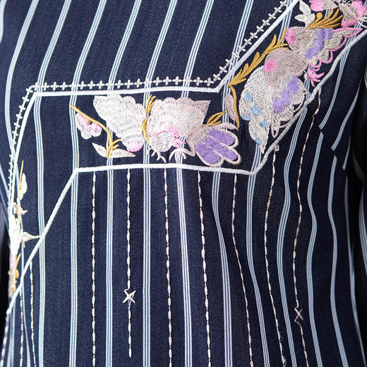 OG-9901秋季复古小立领条纹新款修腰中长款袖刺绣开衩连衣裙 商品图3