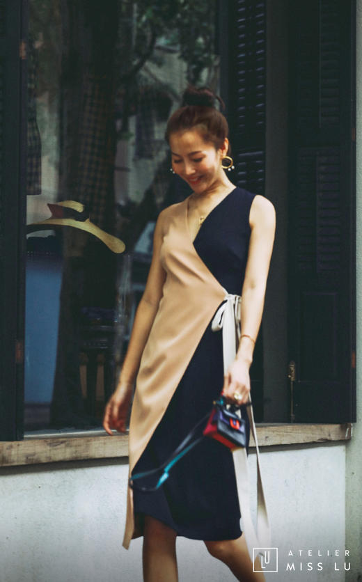 AtelierMissLu / Hayley-三色拼接侧带连身裙 商品图3