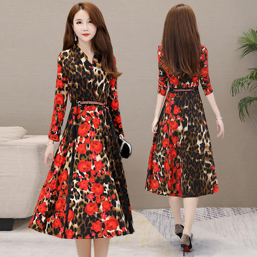 AHM-ayy633新款气质优雅豹纹印花V领中长款连衣裙 商品图0
