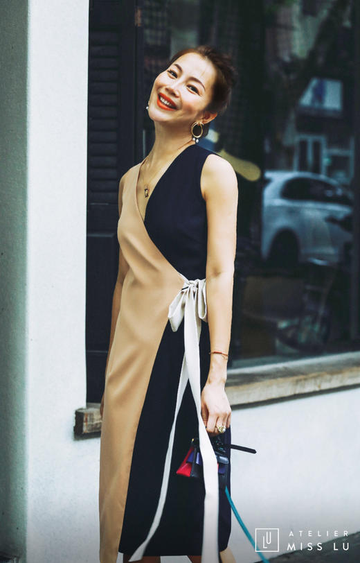 AtelierMissLu / Hayley-三色拼接侧带连身裙 商品图8