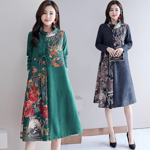 HT-917新款灰色复古印花高领连衣裙 XCX 商品图0