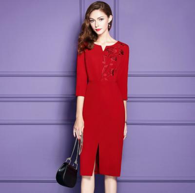 HX-A3初秋新款V领刺绣前开叉七分袖连衣裙 商品图2