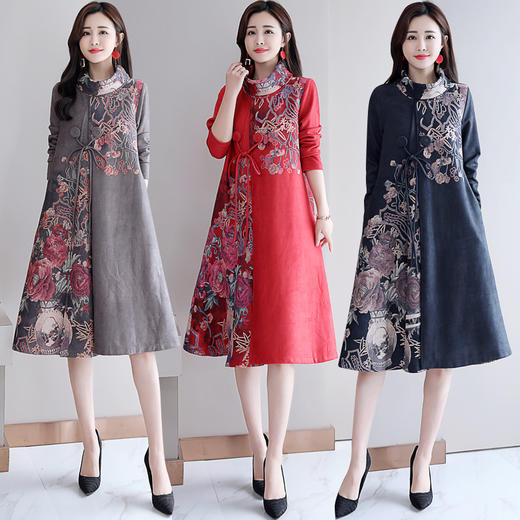 HT-917新款灰色复古印花高领连衣裙 XCX 商品图1