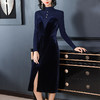 NYT-WW9336秋冬新款修身半高领钉钻纯色羊毛拼丝绒洋气高端打底连衣裙 商品缩略图2