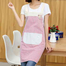 利得韩版时尚棉麻围裙 小熊双层防水围裙 条纹西瓜红 厨房可爱做饭烘焙
