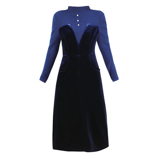 NYT-WW9336秋冬新款修身半高领钉钻纯色羊毛拼丝绒洋气高端打底连衣裙 商品图4