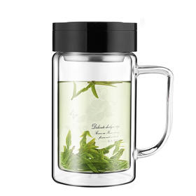 富光 双层耐热杯子茶隔款玻璃杯 泡茶办公水杯 男女便携玻璃茶杯带把 玻璃杯套装 320ML+320ML 黑色(2只装)