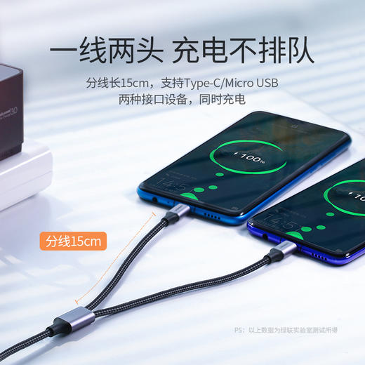 绿联 安卓/Type-C数据线二合一 多功能USB充电线多头两用 通用vivo华为P20/Mate20/荣耀8小米8手机 1米 30572 商品图1
