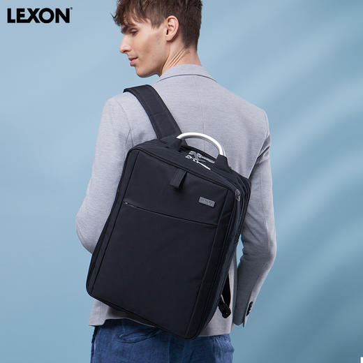 法国乐上(LEXON)电脑包男士双肩包14/15.6英寸双隔层防水简约出差商务通勤休闲背包 蓝黑色 商品图2