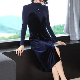 NYT-WW9336秋冬新款修身半高领钉钻纯色羊毛拼丝绒洋气高端打底连衣裙