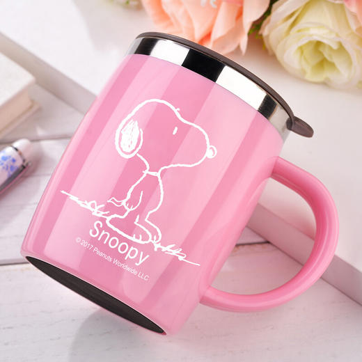 史努比（SNOOPY）带手柄不锈钢办公保温杯水杯420ML可爱杯子情侣杯 DP-5002R 粉色 商品图3