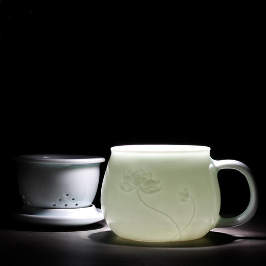 昌南 茶杯陶瓷带过滤带盖景德镇影青单杯子家用办公泡茶杯 禅意莲心 商品图3