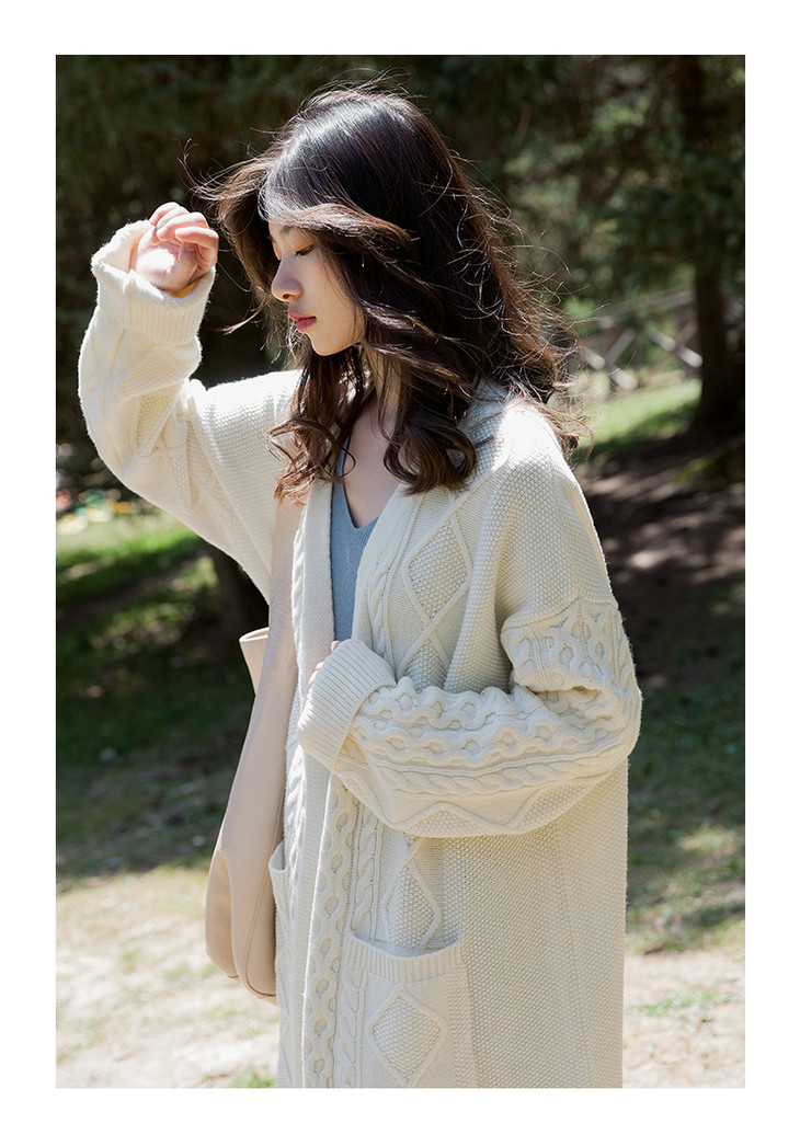 菱形提花白色长款开衫100绵羊毛阿兰毛衣重磅推荐一周内发货