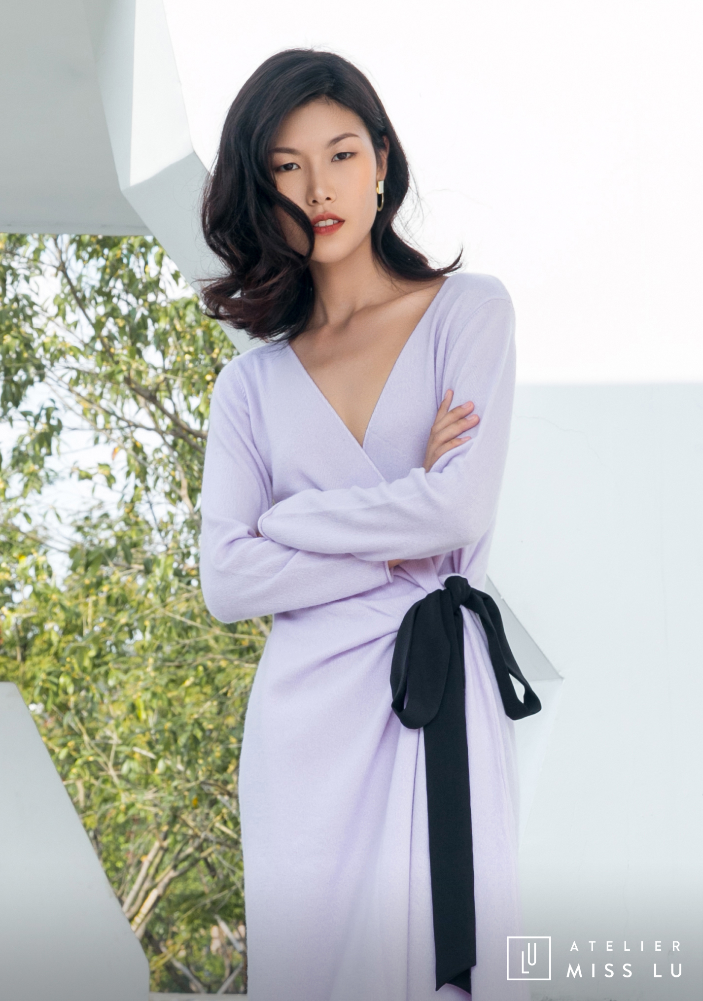 AtelierMissLu / Winifred 浅熏紫裹身系带羊绒连身裙