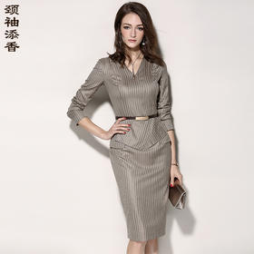 “卡布奇诺“颈袖添香-连衣裙-J8181916E颈袖添香季气质OL职场装收腰条纹连衣裙女九分袖包臀裙J8181916E