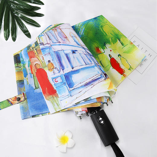 C'mon 八国油画伞 自开自收全自动伞三折叠商务双人晴雨伞男女个性雨伞 彩色 A110 商品图0