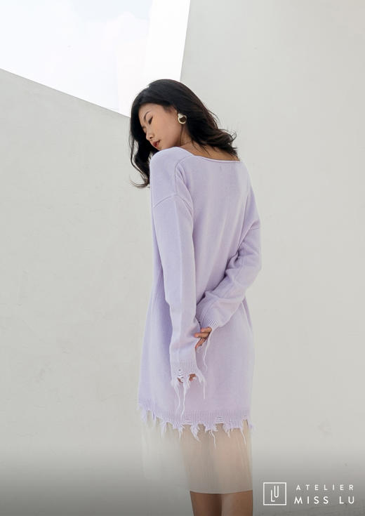 AtelierMissLu / Irma 浅熏紫V领拼纱下摆羊绒连身裙 商品图5