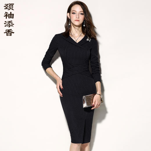 孤品 J8181841B颈袖添香新款时尚职场气质条纹OL修身显瘦包臀连衣裙女J8181841B不退可换 商品图0