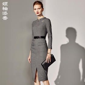 J8382757A颈袖添香季新款女装修身包臀羊毛裙职场连衣裙女中长款J8382757A