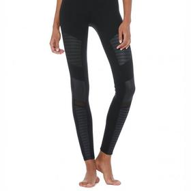 Alo Yoga女式黑色高弹+亮面拼接瑜伽裤 紧身裤 -Black-Black Glossy