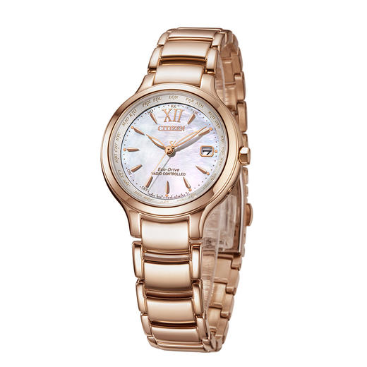 西铁城日本官方正品玫瑰金色光动能万年历多局电波女表EC1173-87D 商品图1