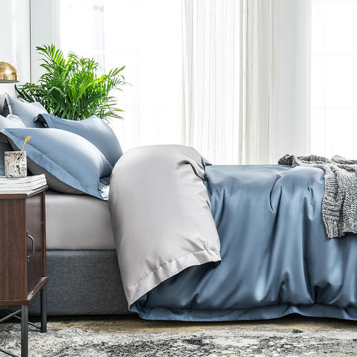京东京造 60s高支缎纹四件套纯棉被套床单枕套全棉床上套件1.8m床灰蓝 商品图1