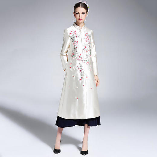 OG-9521中国风桃花刺绣开衫长款风衣外套 商品图1