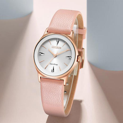 西铁城皮带不锈钢镀粉金色光动能镶钻女表EM0733-16A 商品图3
