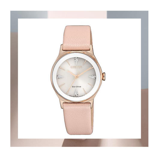 西铁城皮带不锈钢镀粉金色光动能镶钻女表EM0733-16A 商品图4