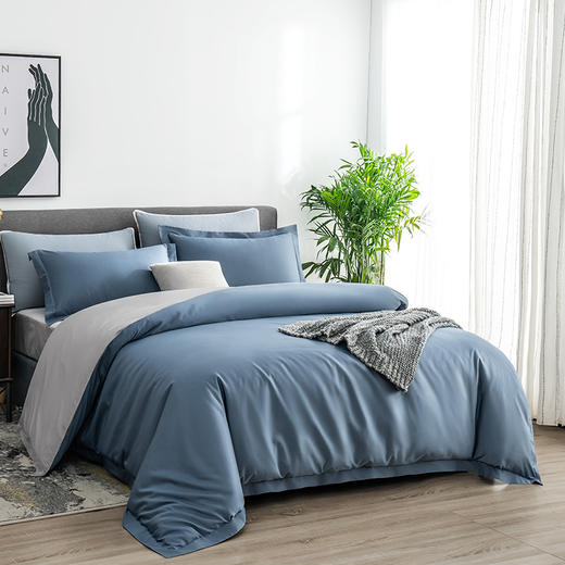 京东京造 60s高支缎纹四件套纯棉被套床单枕套全棉床上套件1.8m床灰蓝 商品图3