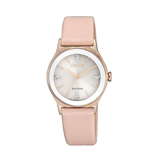 西铁城皮带不锈钢镀粉金色光动能镶钻女表EM0733-16A 商品图1