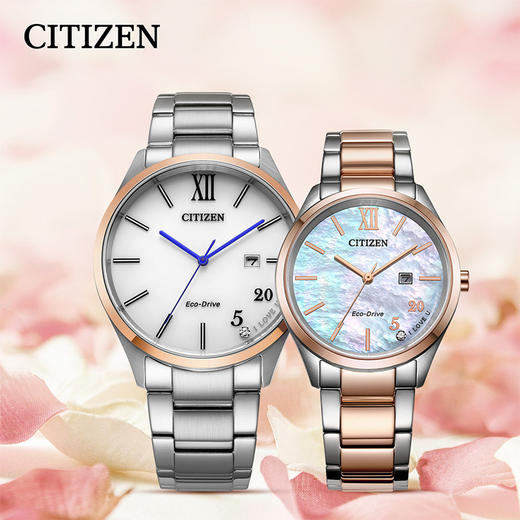 西铁城日本官方正品不锈钢间粉金色光动能情侣表BM7356-80A 商品图2