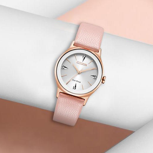 西铁城皮带不锈钢镀粉金色光动能镶钻女表EM0733-16A 商品图2