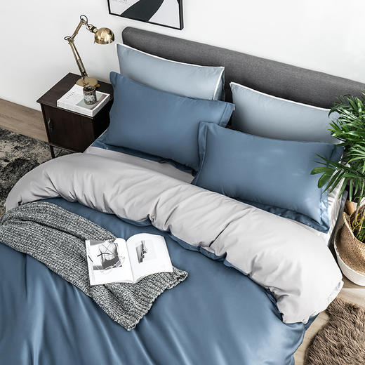 京东京造 60s高支缎纹四件套纯棉被套床单枕套全棉床上套件1.8m床灰蓝 商品图2