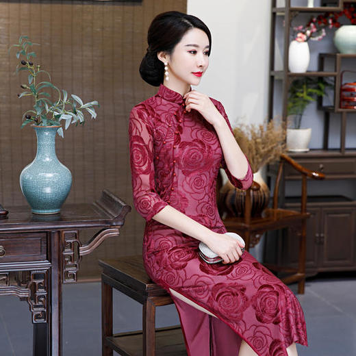 中国风丝绒妈妈装改良旗袍连衣裙xl8272红