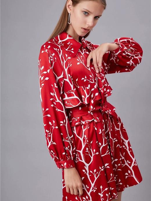 红底白树枝原创印花风衣式连衣裙 商品图2
