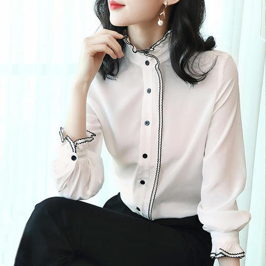 YD-535白色衬衫女2019秋季新款长袖衬衣优雅荷叶边上衣 商品图4