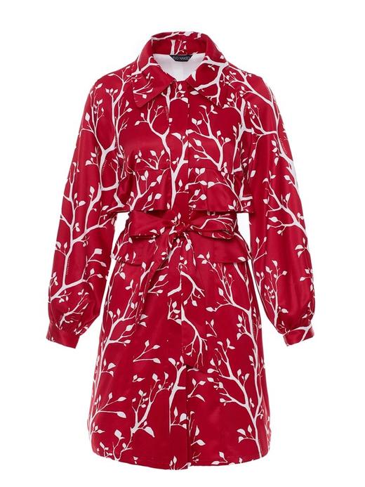 红底白树枝原创印花风衣式连衣裙 商品图0