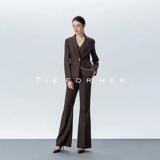 19LUX01咖啡色单排一粒扣条纹西服外套女西装套装女士马甲阔腿裤气质女装三件套 商品图3