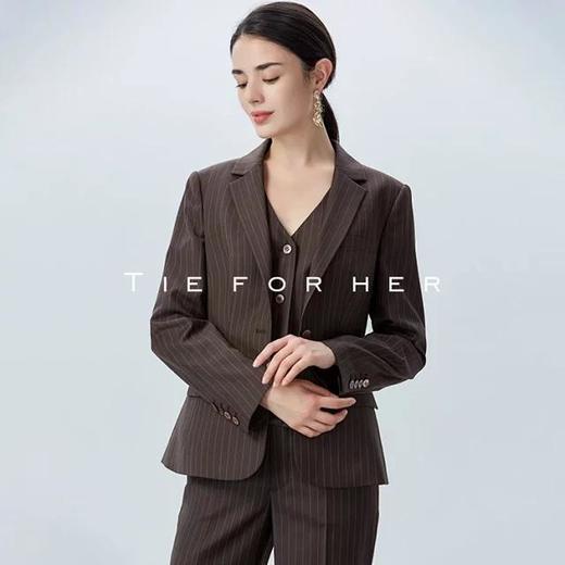 19LUX01咖啡色单排一粒扣条纹西服外套女西装套装女士马甲阔腿裤气质女装三件套 商品图2