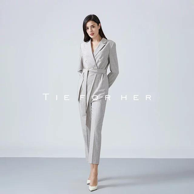 19AWK07新款大理石灰不规则分割腰带西装连体裤子女气质女装