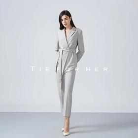 19AWK07新款大理石灰不规则分割腰带西装连体裤子女气质女装