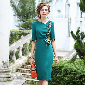 FMY-25600新款气质修身显瘦七分袖开叉裙子