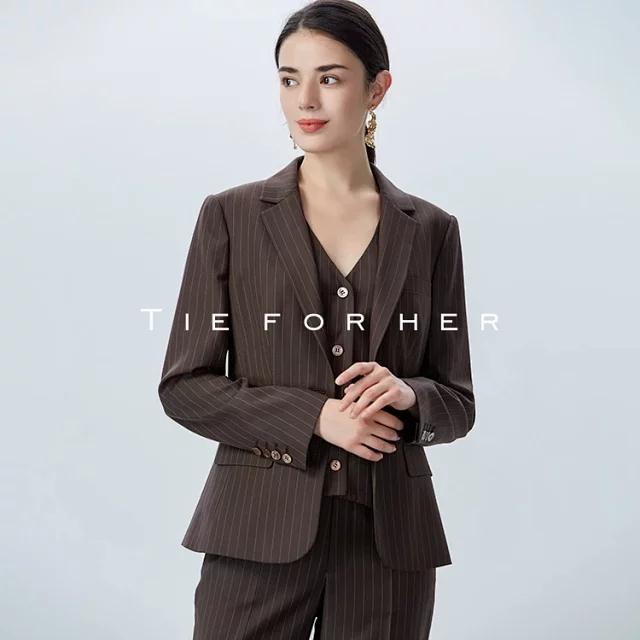 19LUX01咖啡色单排一粒扣条纹西服外套女西装套装女士马甲阔腿裤气质女装三件套